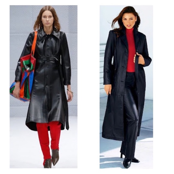 New! GRACIA Puff Sleeve Vegan Leather Trench Coat Midi Dress - Picture 13 of 16